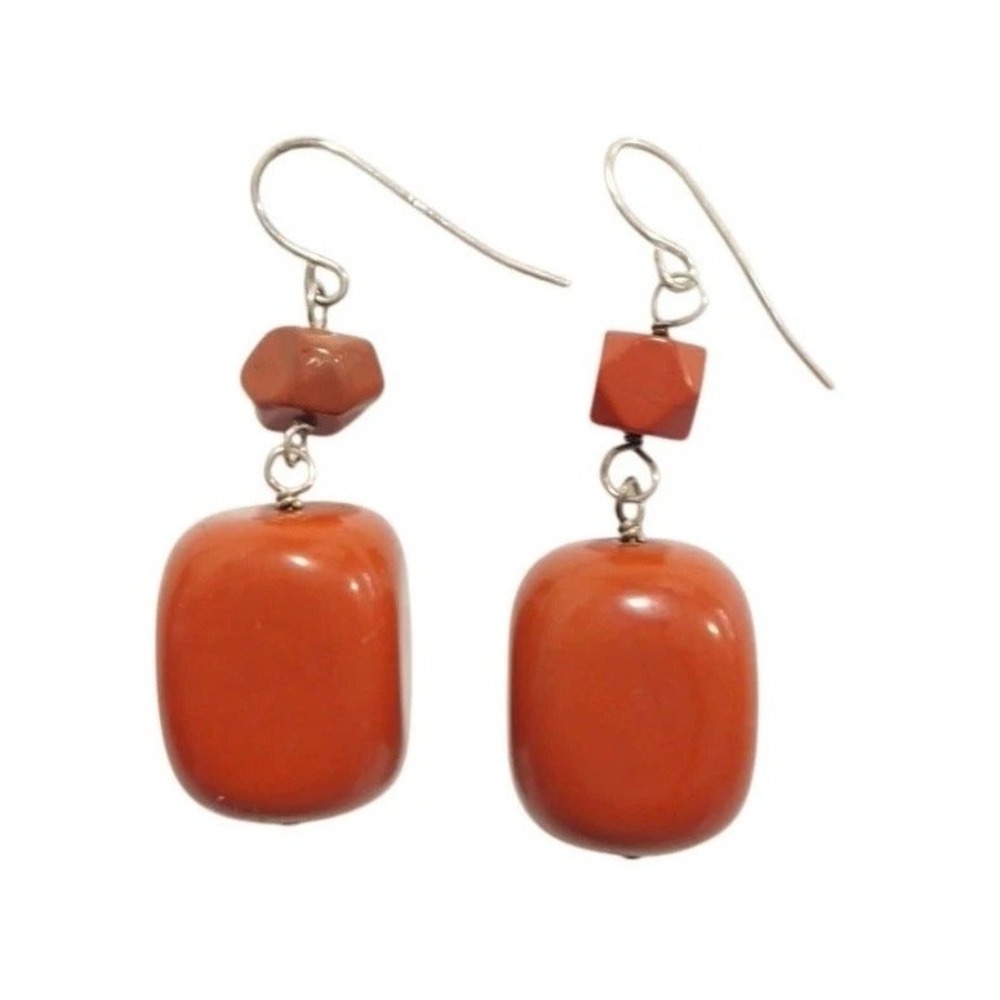 Vintage LUC Red Carnelian Bead Dangle Earrings Sterling Silver 925 Hook Designer